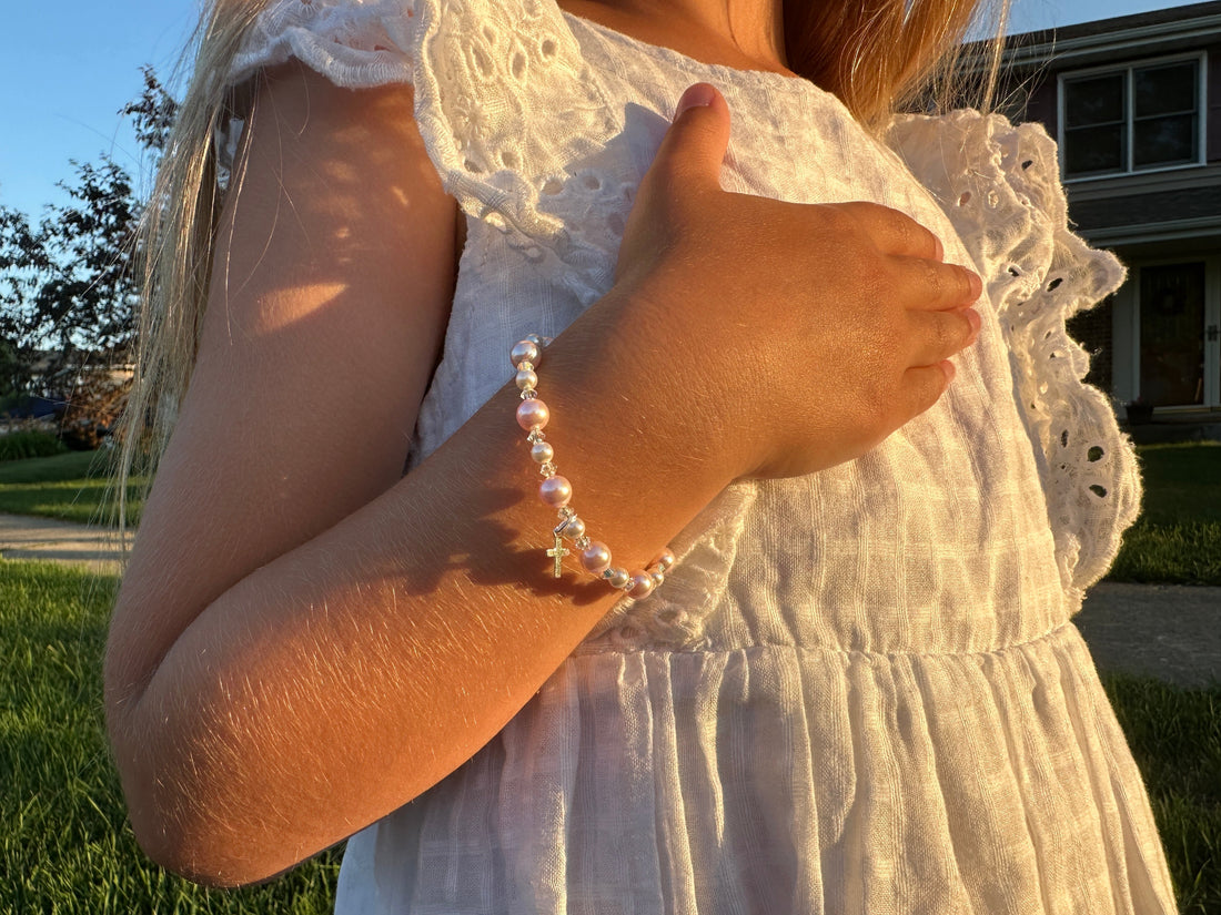 Sterling Silver Cross Baptism Bracelet for Girls - Pink & White Pearl Clear Crystals