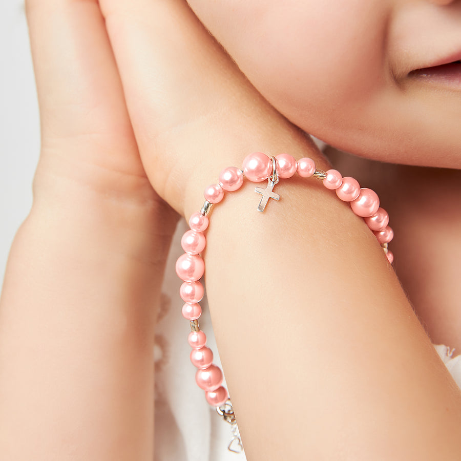 Sterling Silver Crimps Cross Charm Pink Pearl Christening Baptism Bracelet for Girls