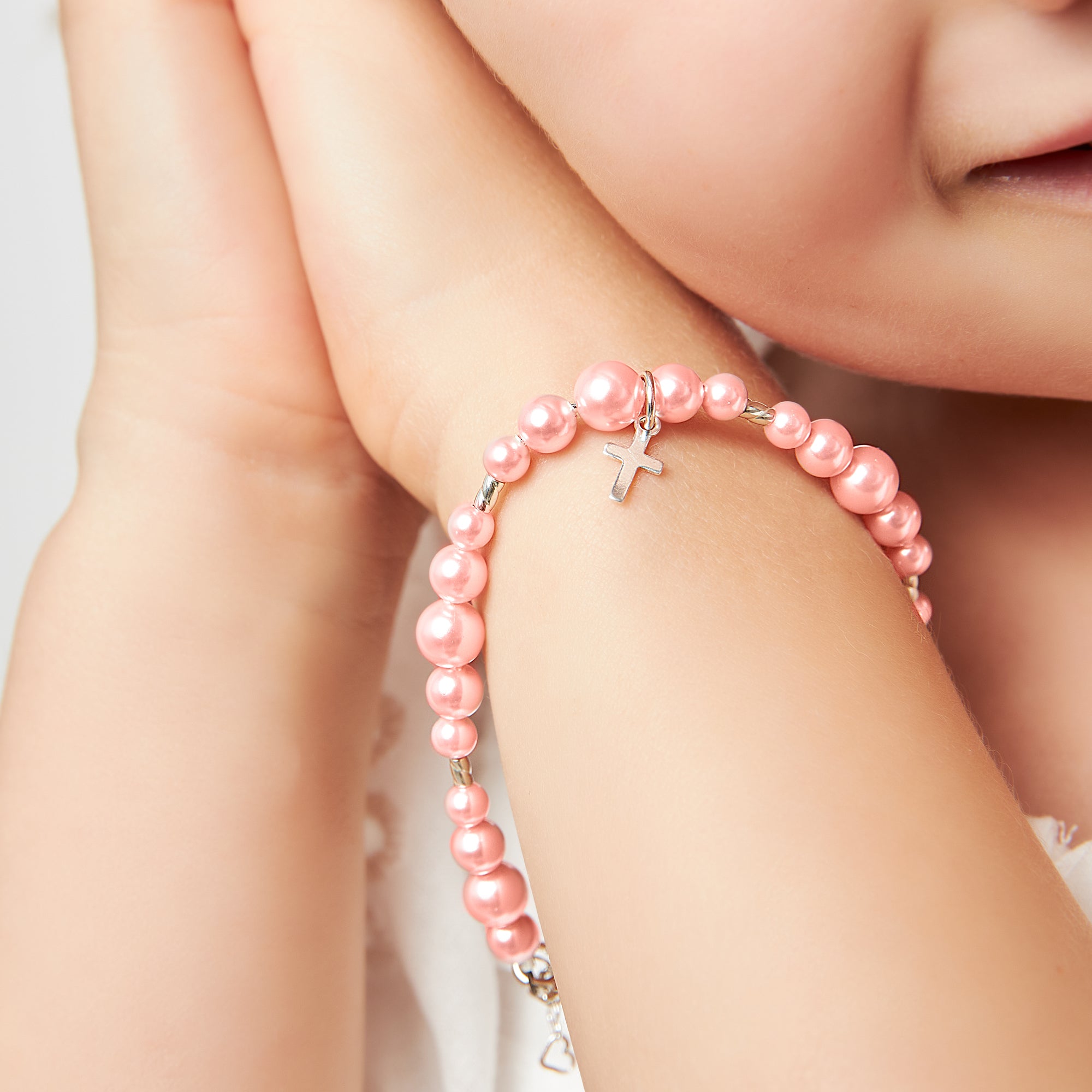 Teen Girl Sterling Silver Cross Pink Pearl Christening Baptism Bracelet
