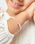 White Pearl Charm Bracelet, Sterling Silver Baptism Cross & Pink Crystals