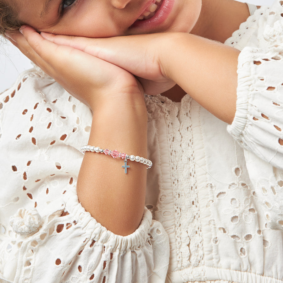 Toddler Baby Girl Sterling Silver Cross Baptism Pearl Bracelet White Pearl Pink Crystals