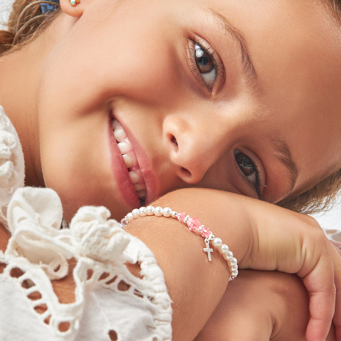 Toddler Baby Girl Sterling Silver Cross Baptism Pearl Bracelet White Pearl Pink Crystals