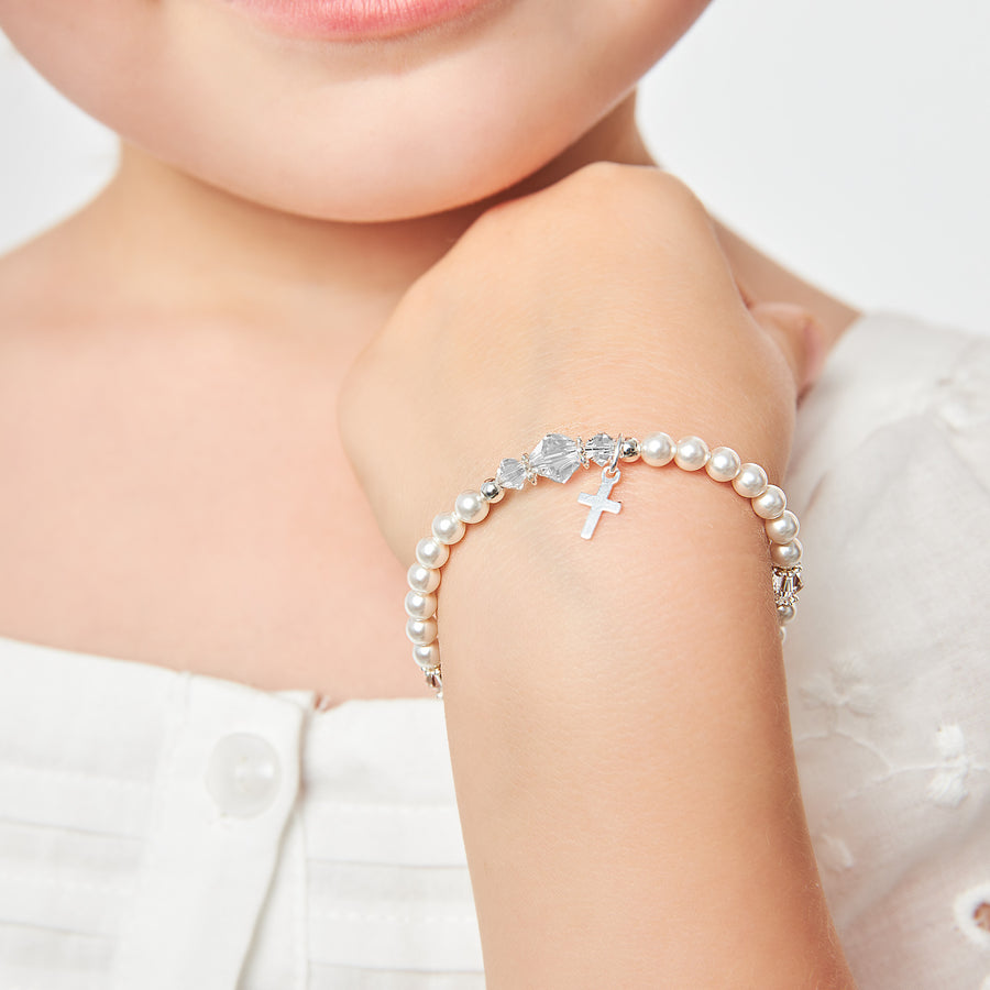 Toddler Baby Sterling Silver Cross Baptism Pearl Bracelet White Pearl Clear Crystals