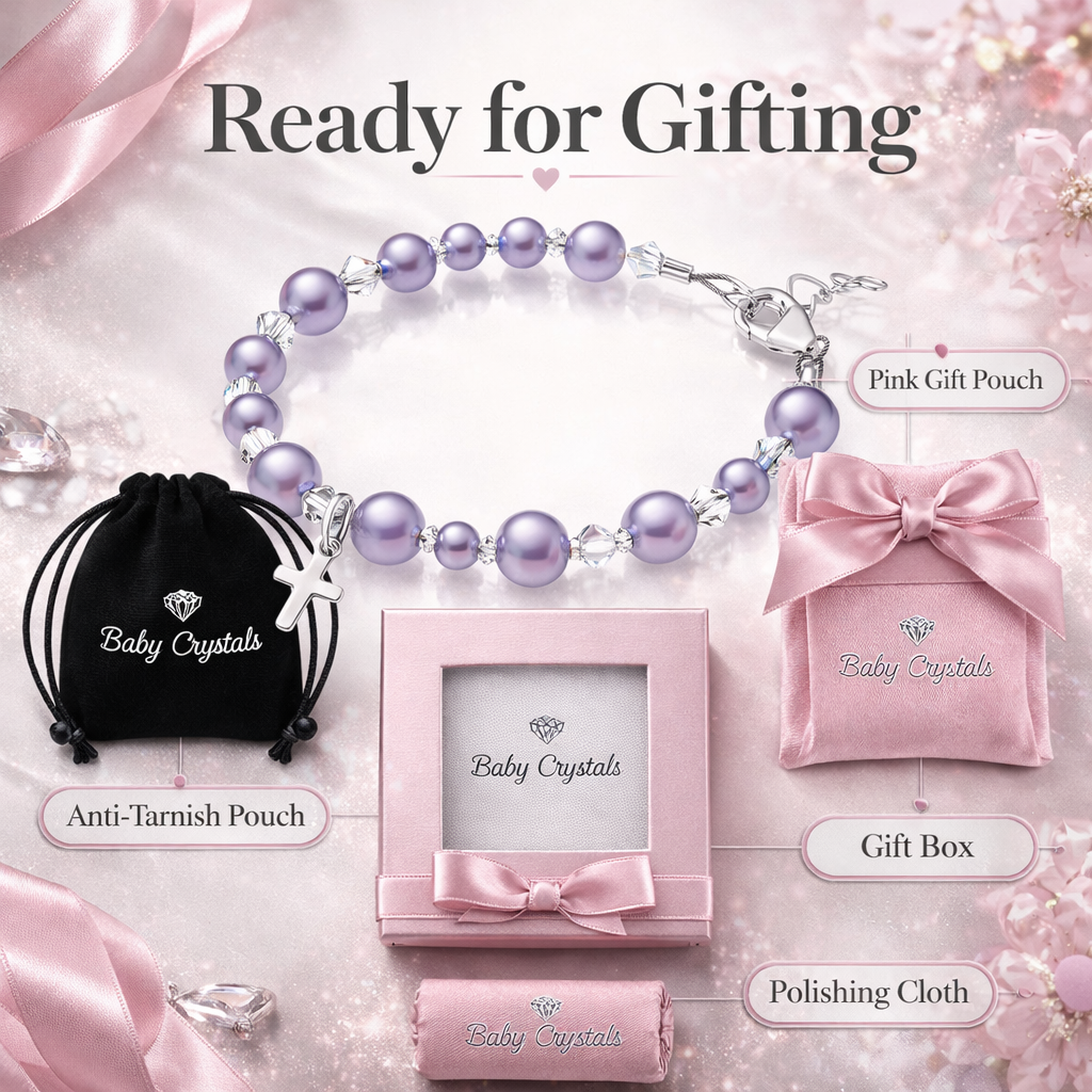 Lavender Pearl Bracelet with Clear Crystals &amp; Sterling Silver Cross