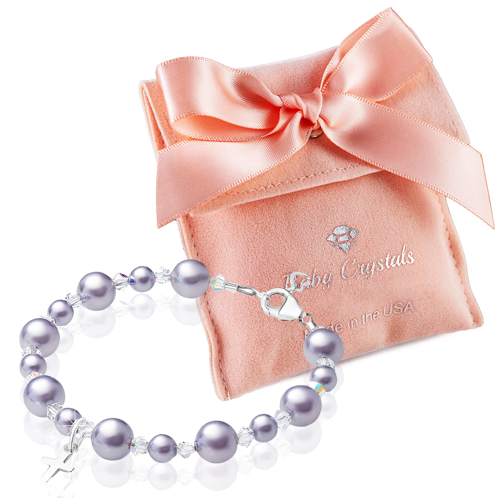 Teen Girl Baptism &amp; Christening Sterling silver Cross Charm Bracelet Lavender Pearl