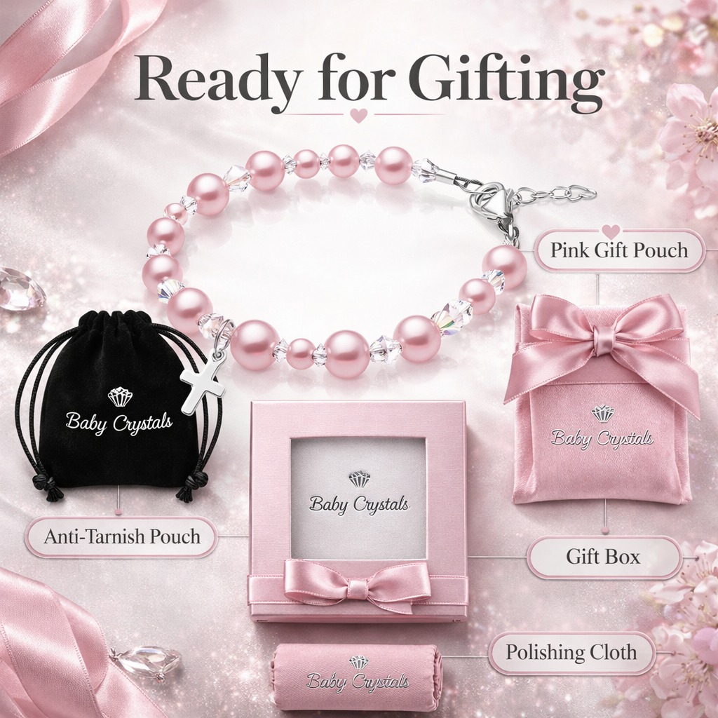 Pink Pearl Christening Bracelet, Sterling Silver Cross Charm &amp; Clear Crystals