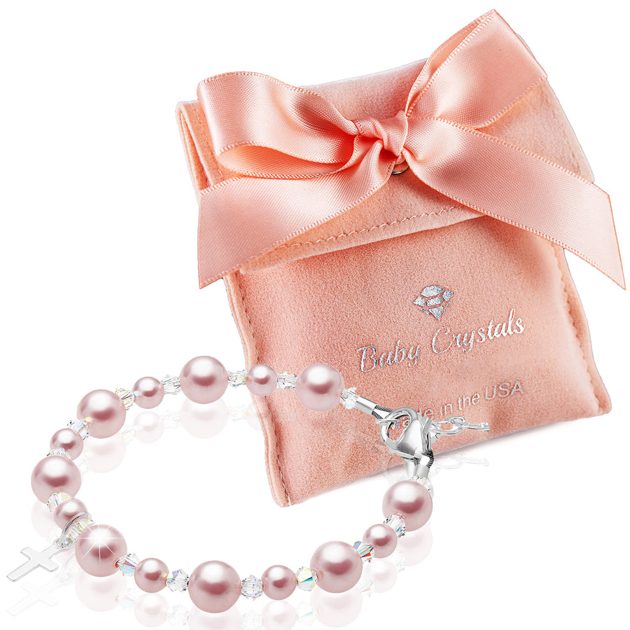 Toddler Baby Girl Baptism & Christening Pink Pearl Sterling silver Cross Charm Bracelet
