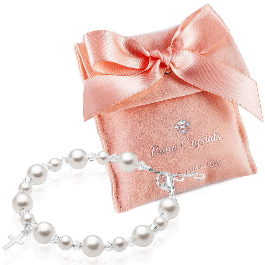 Teen Girl Baptism & Christening White Pearl Sterling silver Cross Charm Bracelet