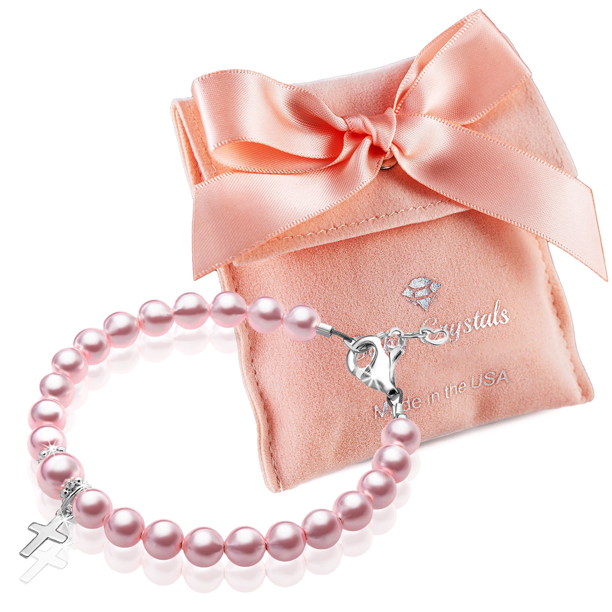 Toddler Baby Girl Pink Pearl Bracelet Baptism &amp; Christening Sterling Silver Cross Charm