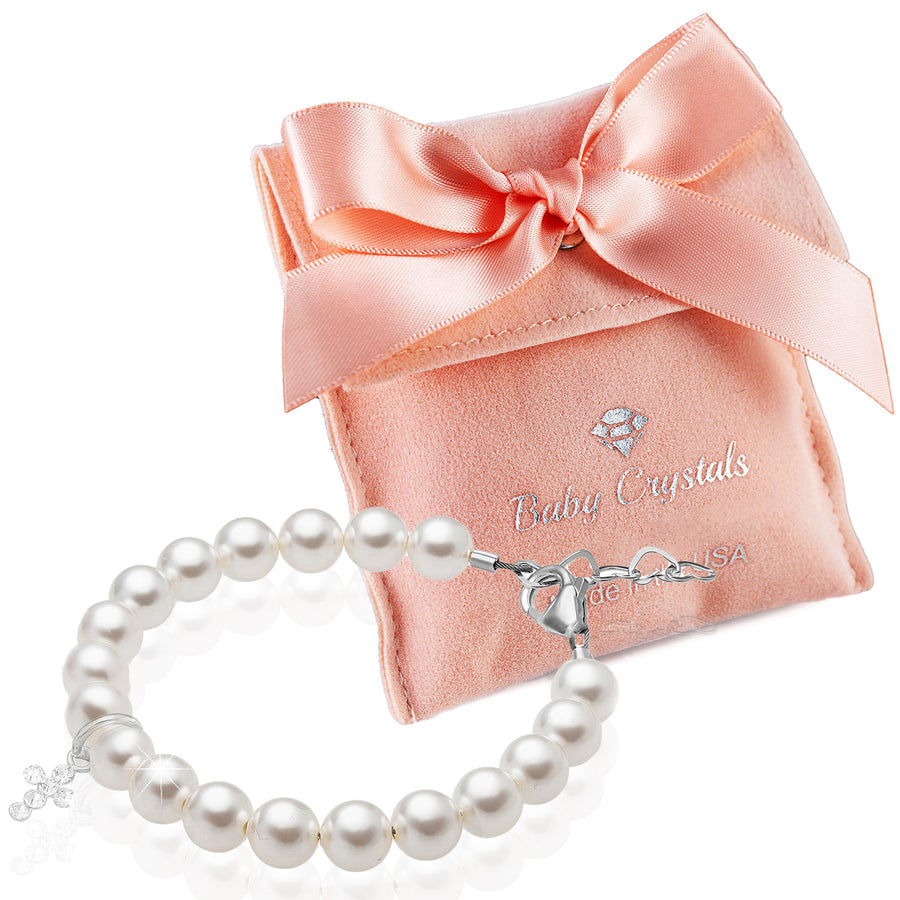 Sterling Silver Crystal Cross White Pearl Bracelet for Girls - Baptism Gifts