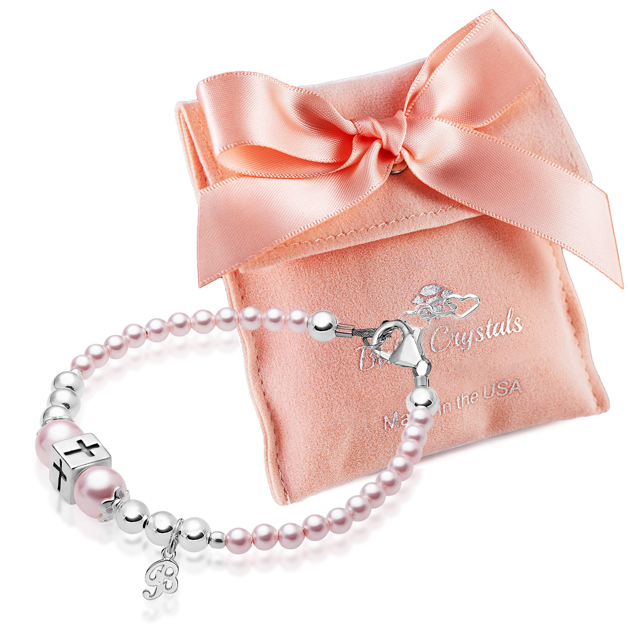 Baby Crystals Personalized Sterling Silver Pearl Initial Charm Bracelet – Custom Letter Jewelry for Baby Girls, Kids, Teens &amp; Women, Baptism &amp; Birthday Gift