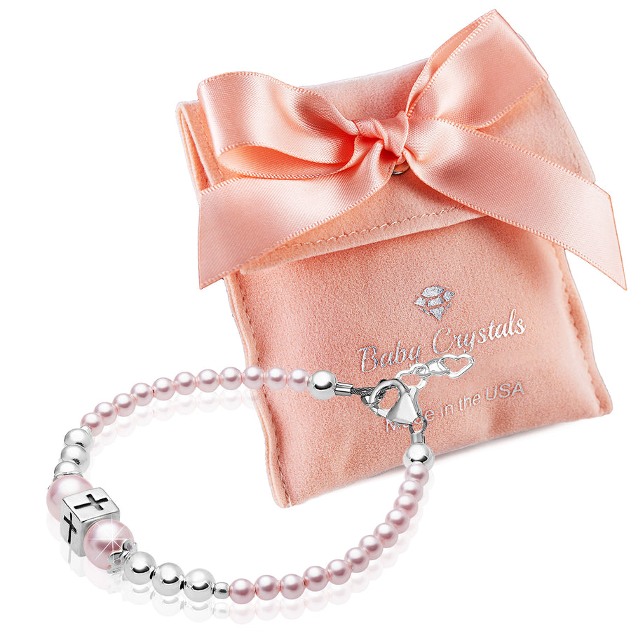 Infant Baby Girl Sterling Silver Beads Box Cross Pink Pearl Bracelet