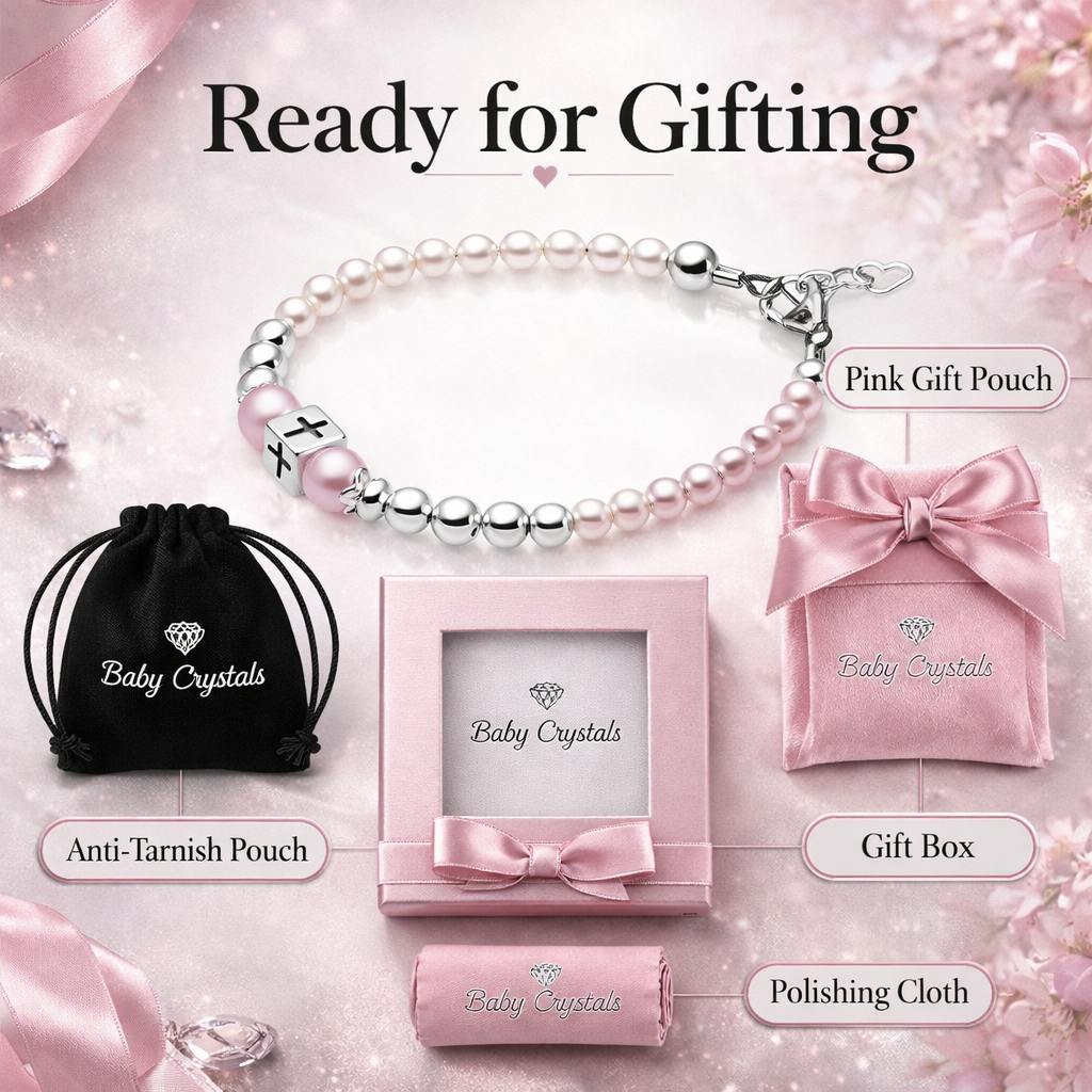 White Pearl Charm Bracelet, Silver Beads &amp; Sterling Silver Box Cross