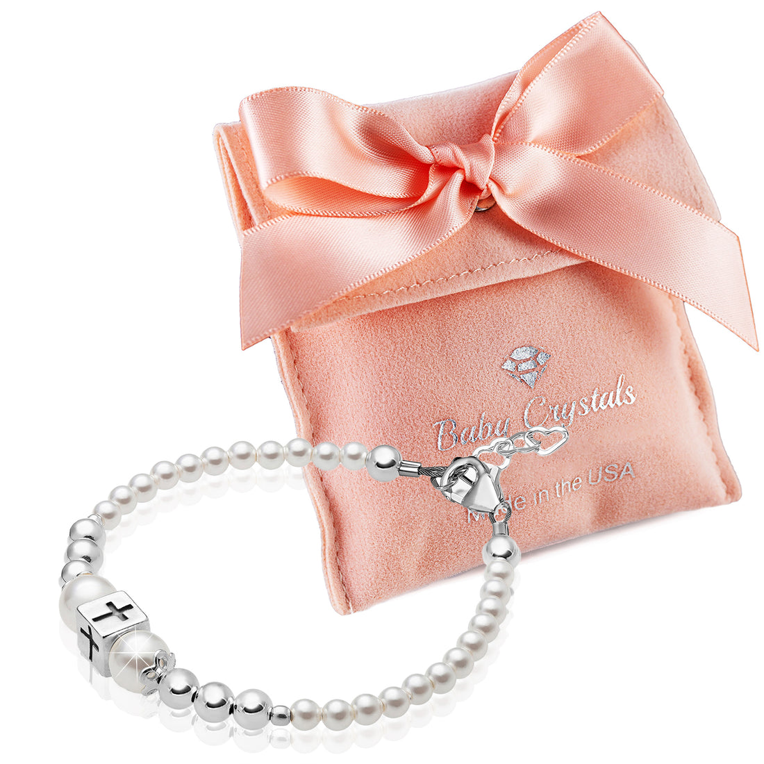 Teen Girl Sterling Silver Beads Box Cross White Pearl Bracelet