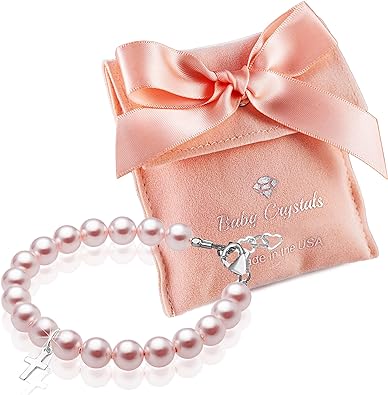 Newborn Baby Girl Sterling Silver Cross Baptism & Christening Pink Pearl Bracelet