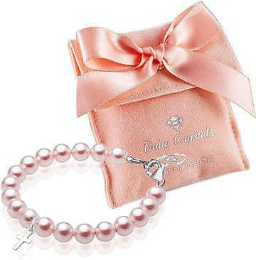 Infant Baby Girl Sterling Silver Cross Baptism & Christening Pink Pearl Bracelet