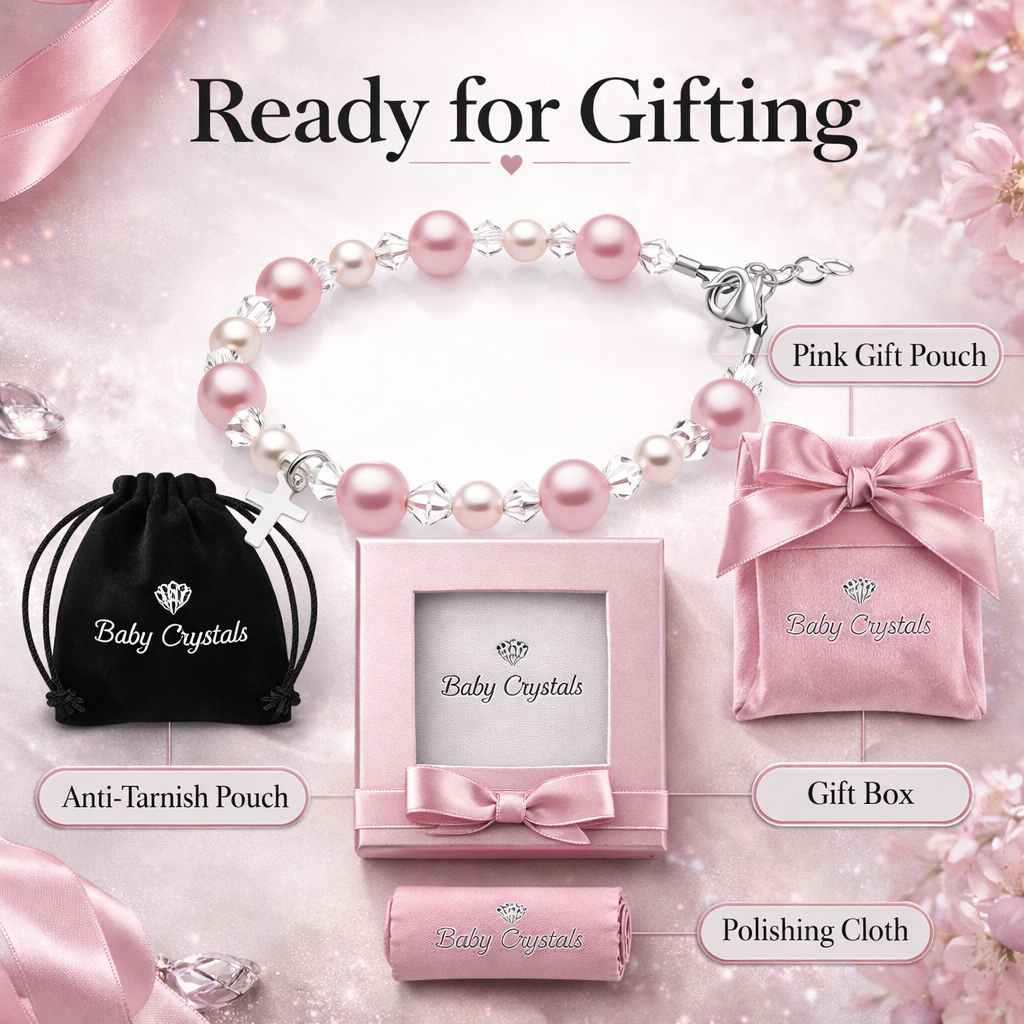 Pink &amp; White Pearl Charm Bracelet, Sterling Silver Cross Clear Crystals