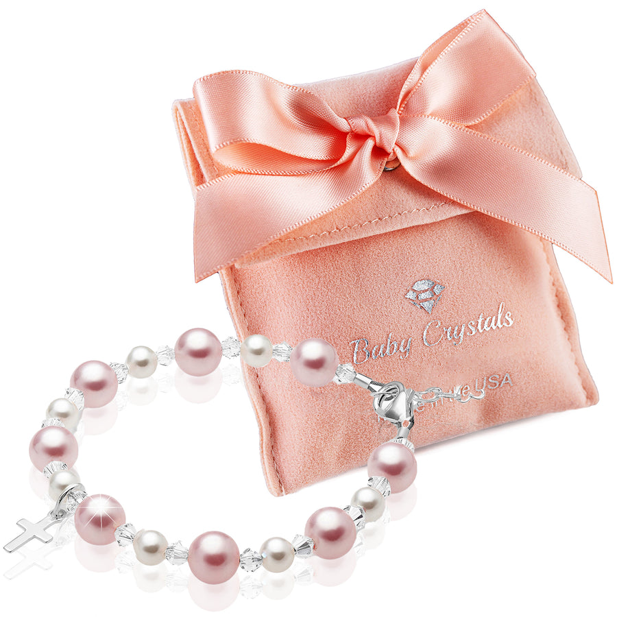 Sterling Silver Cross Baptism Bracelet for Girls - Pink & White Pearl Clear Crystals