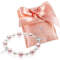 Teen Girl Baptism Bracelet Sterling Silver Cross Pink & White Pearl Clear Crystals
