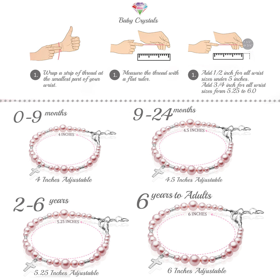 Sterling Silver Crimps Cross Charm Pink Pearl Christening Baptism Bracelet for Girls