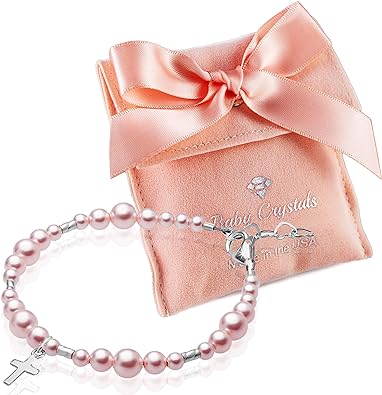 Teen Girl Sterling Silver Cross Pink Pearl Christening Baptism Bracelet