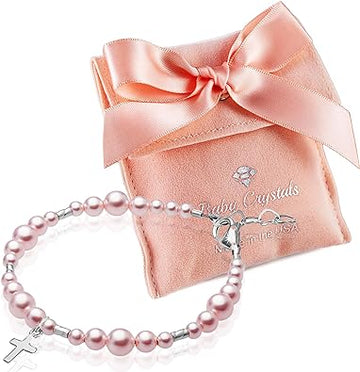 Toddler Baby Girl Sterling Silver Cross Pink Pearl Christening Baptism Bracelet