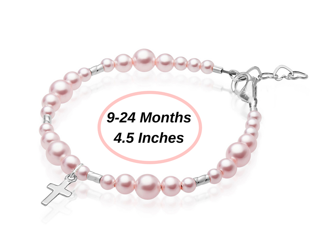 Sterling Silver Crimps Cross Charm Pink Pearl Christening Baptism Bracelet for Girls