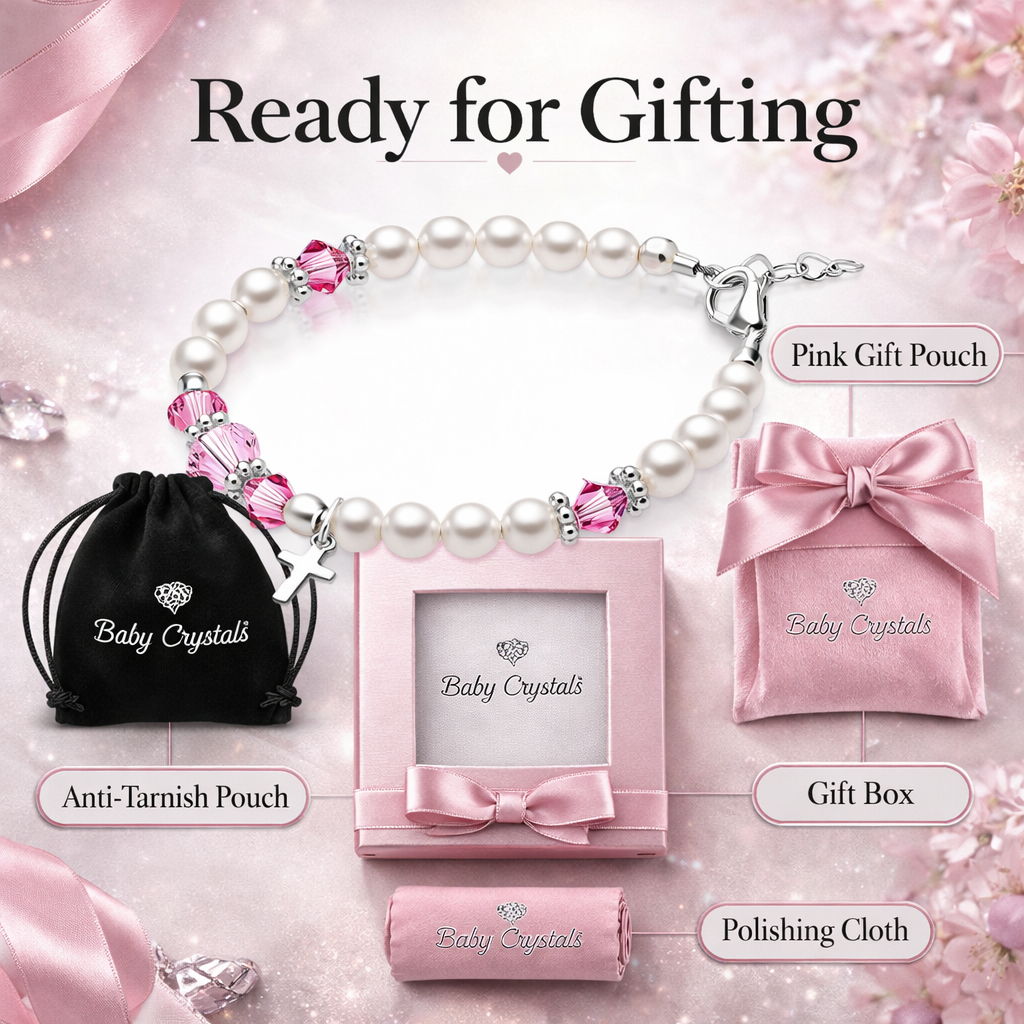 White Pearl Charm Bracelet, Sterling Silver Baptism Cross &amp; Pink Crystals