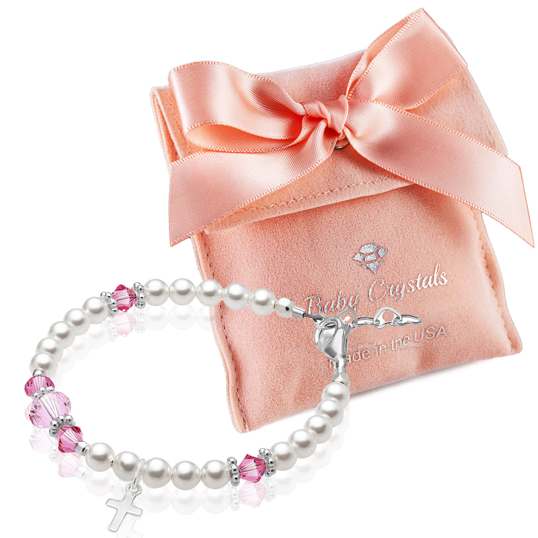 Newborn Baby Girl Sterling Silver Cross Baptism Pearl Bracelet White Pearl Pink Crystals