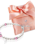 Toddler Baby Girl Sterling Silver Cross Baptism Pearl Bracelet White Pearl Pink Crystals