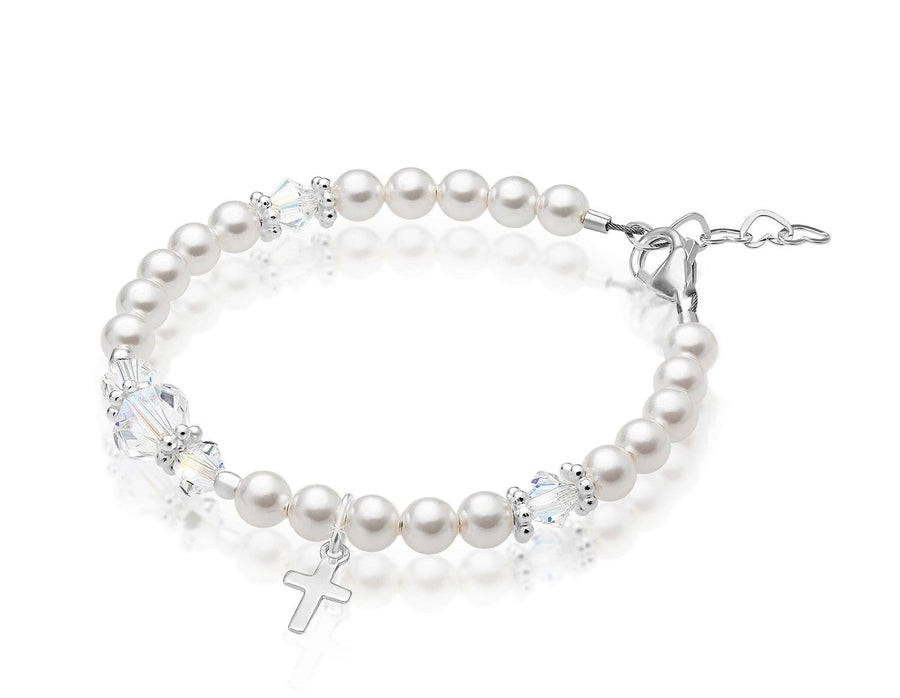 Toddler Baby Sterling Silver Cross Baptism Pearl Bracelet White Pearl Clear Crystals