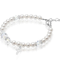Teen Girl Sterling Silver Cross Baptism Pearl Bracelet White Pearl Clear Crystals