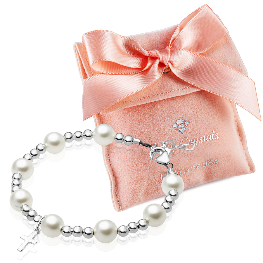 Newborn Baby Sterling Silver Beads Baptism Cross Charm White Pearl Bracelet