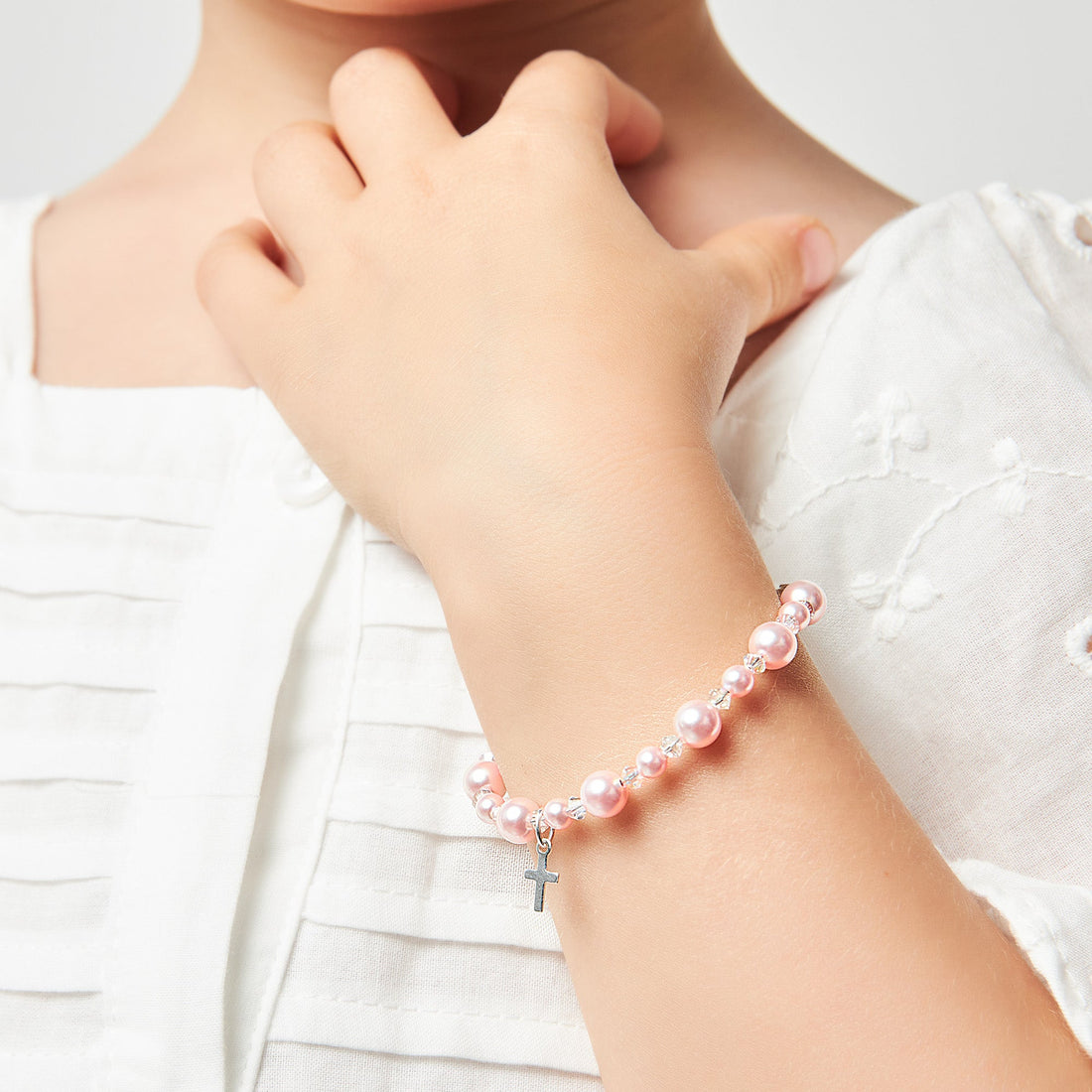 Baptism & Christening Sterling silver Cross Bracelet for Girls Pink Pearls