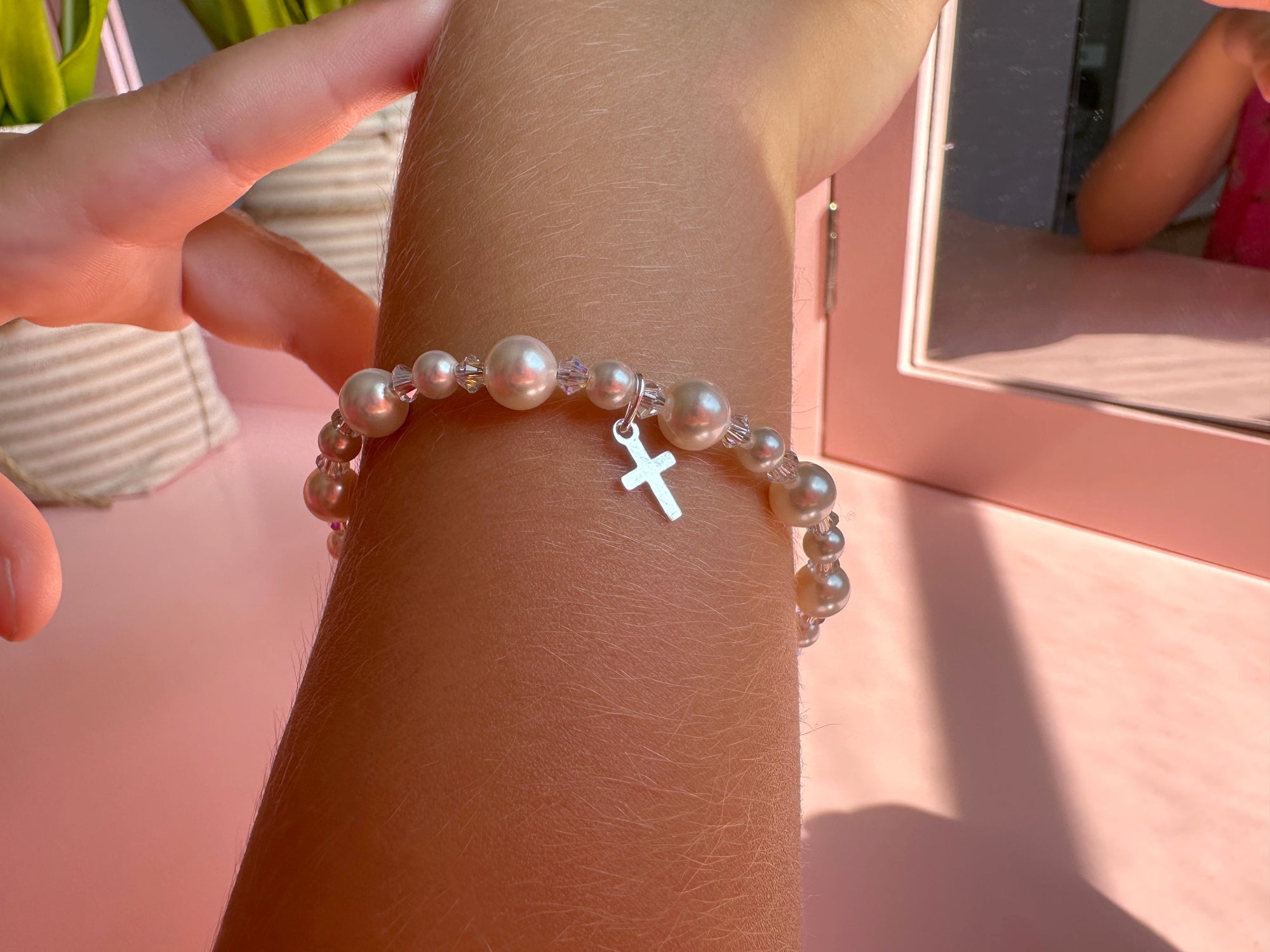 Teen Girl Baptism &amp; Christening White Pearl Sterling silver Cross Charm Bracelet