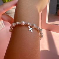 Teen Girl Baptism & Christening Pink Pearl Sterling silver Cross Charm Bracelet