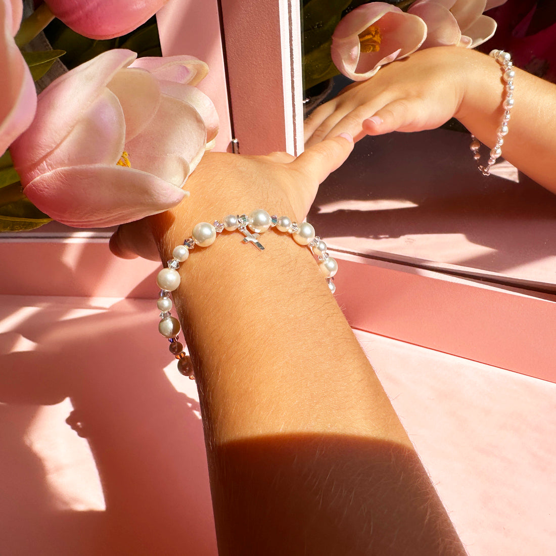 Newborn Baby Baptism Pearl Bracelet I Sterling Silver Cross Charm