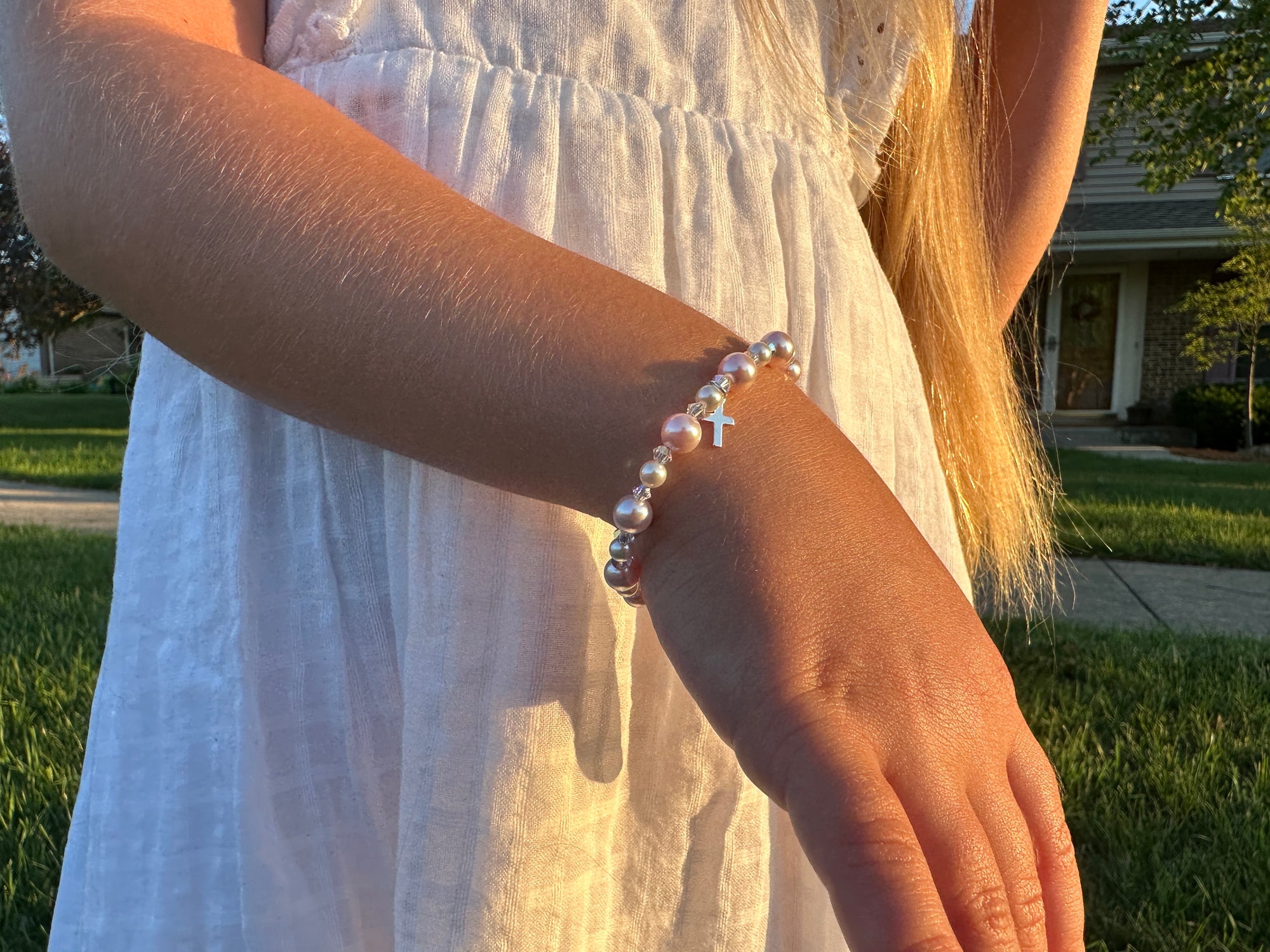 Pink &amp; White Pearl Charm Bracelet, Sterling Silver Cross Clear Crystals