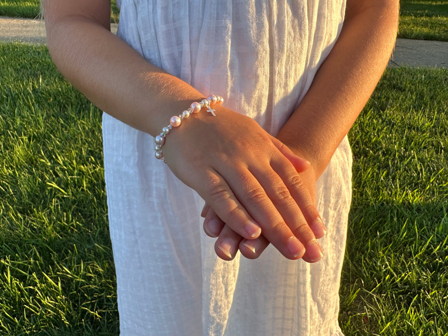 Sterling Silver Cross Baptism Bracelet for Girls - Pink & White Pearl Clear Crystals