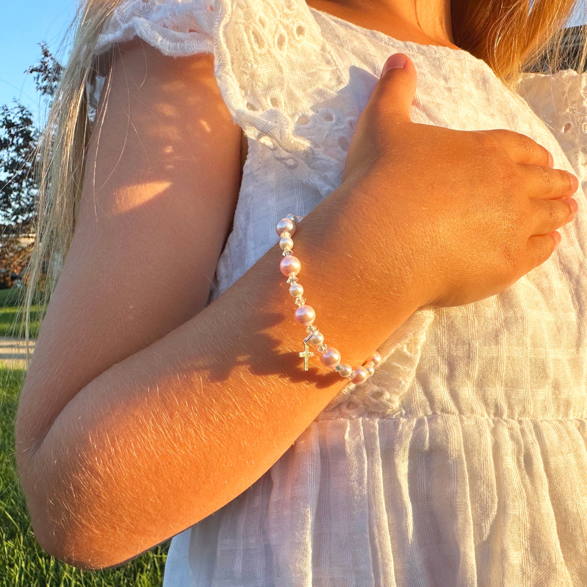 Pink &amp; White Pearl Charm Bracelet, Sterling Silver Cross Clear Crystals