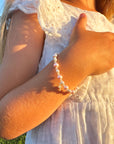 Pink & White Pearl Charm Bracelet, Sterling Silver Cross Clear Crystals