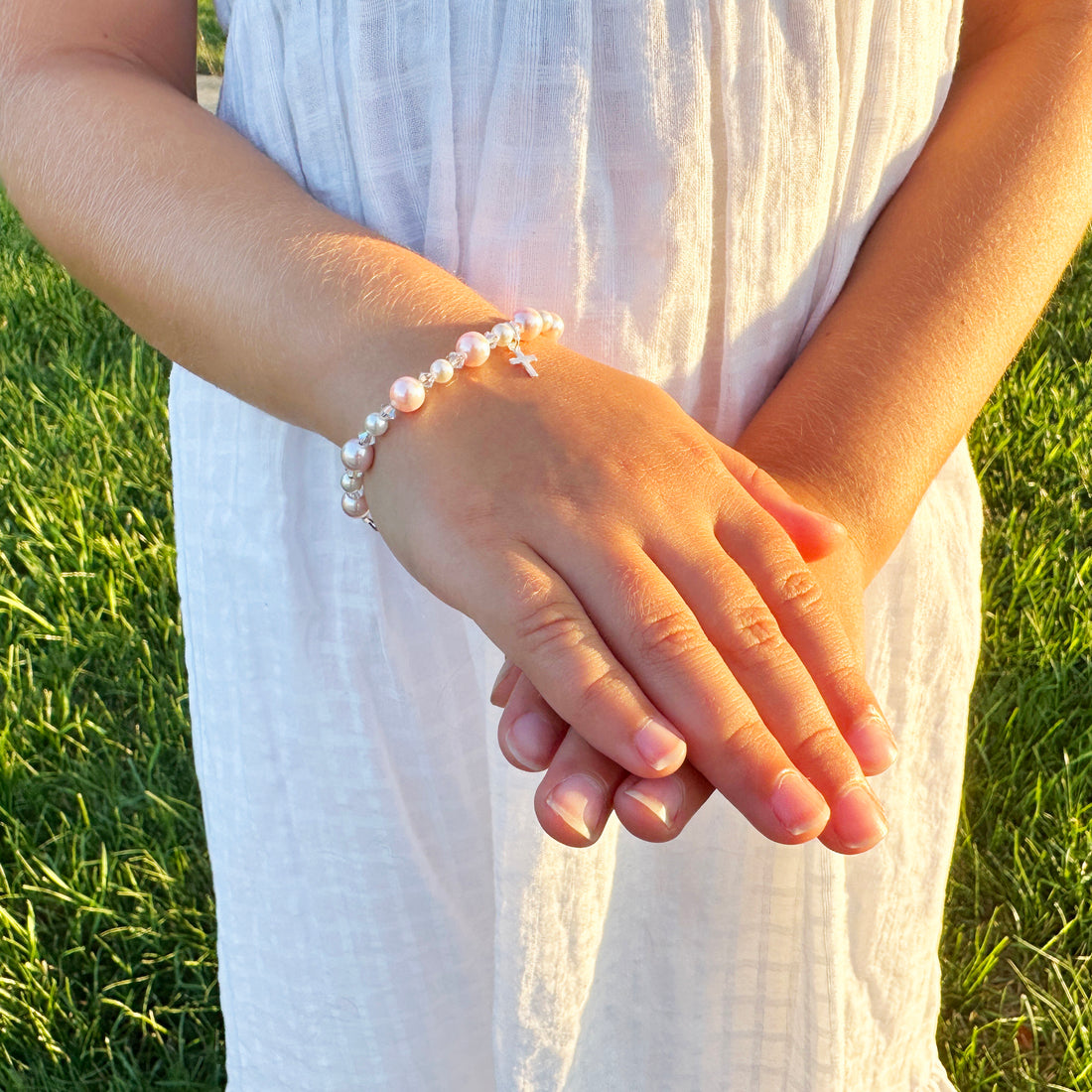 Sterling Silver Cross Baptism Bracelet for Girls - Pink & White Pearl Clear Crystals