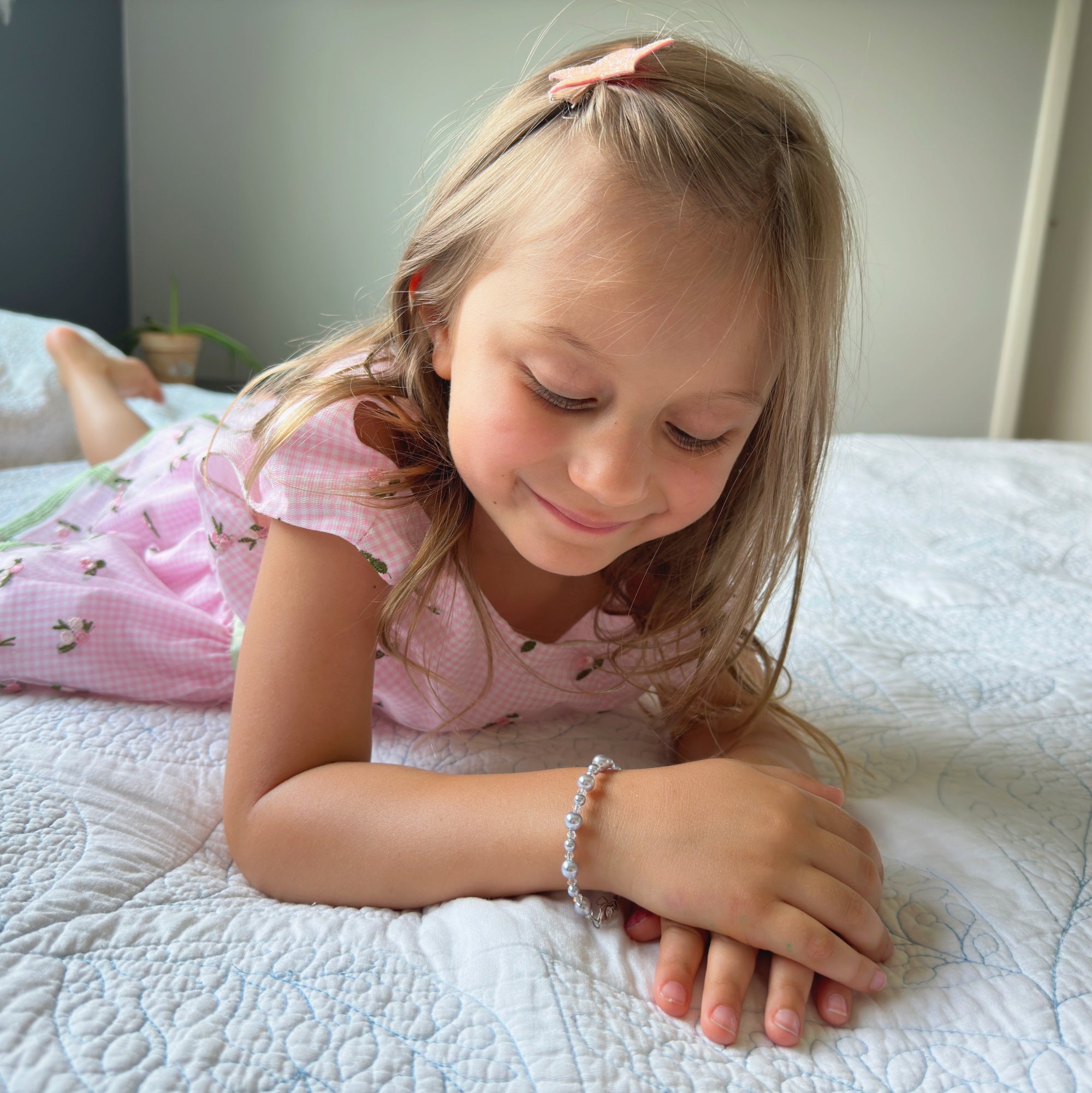 Little Girl Toddler Bracelet with Lavender Pearls &amp; Clear Crystals