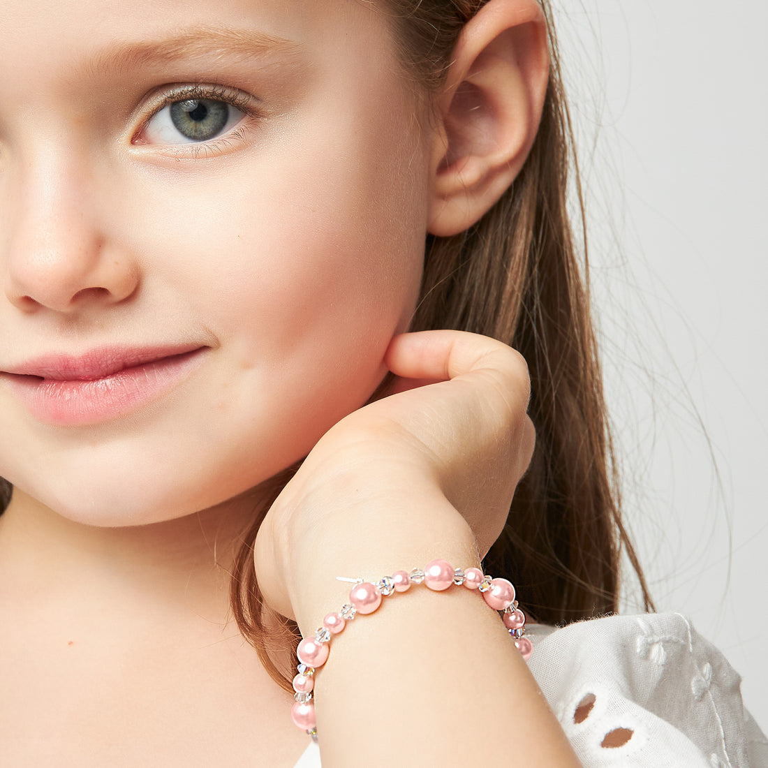 Sterling Silver Bracelet for Girls with Pink Pearls & Clear Crystals