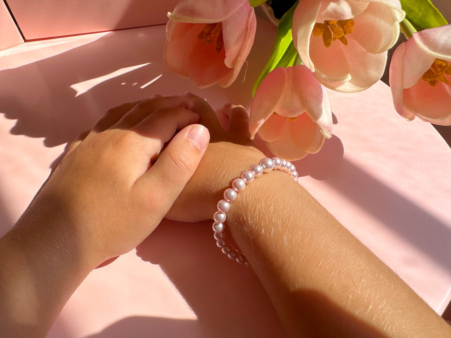 Little Girl Toddler Bracelet with Pink Pearl & Silver Daises