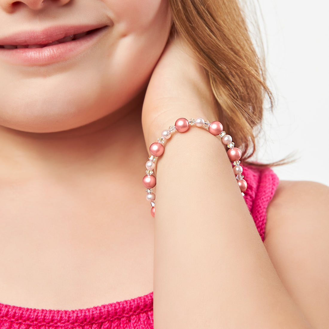 Little Girl Toddler Bracelet with Rose & White Pearls & Clear Crystals