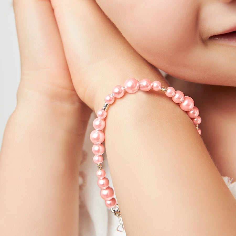 Little Girl Toddler Bracelet with Pink Pearl & Silver Crimps