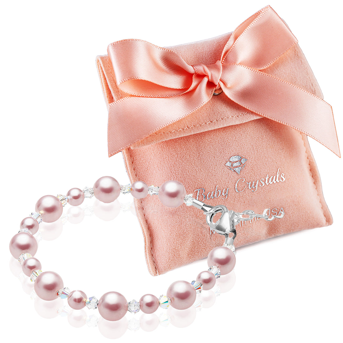 Sterling Silver Bracelet for Girls with Pink Pearls & Clear Crystals