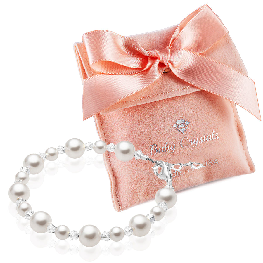 Little Girl Toddler Bracelet with White Pearls & Clear Crystals