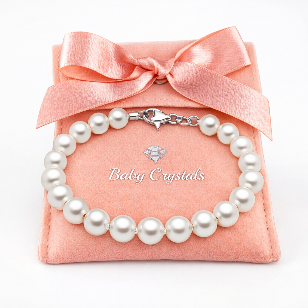 Little Girl Toddler Bracelet with White Pearls &amp; Clear Crystals